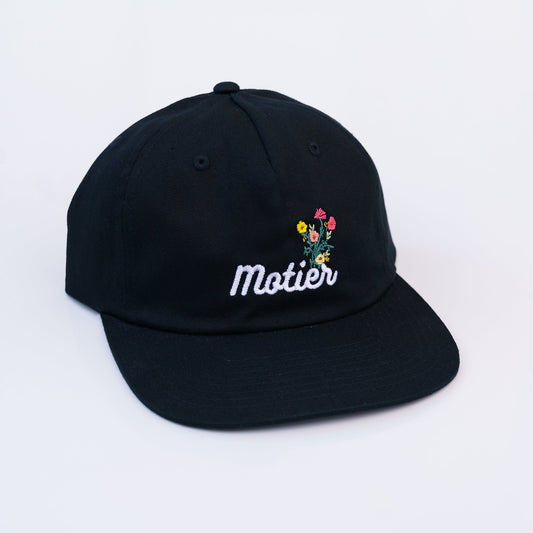 Floral Embroidery Leather Strapback (Black)