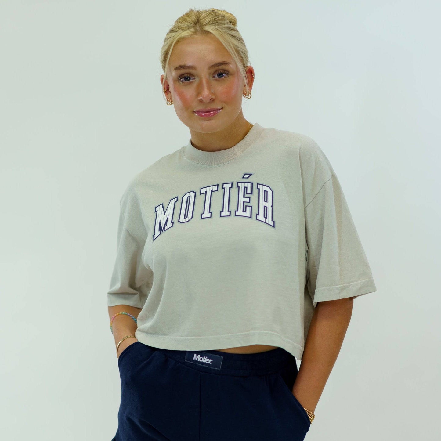 The Pinstripe University Luxe Crop (Sand)
