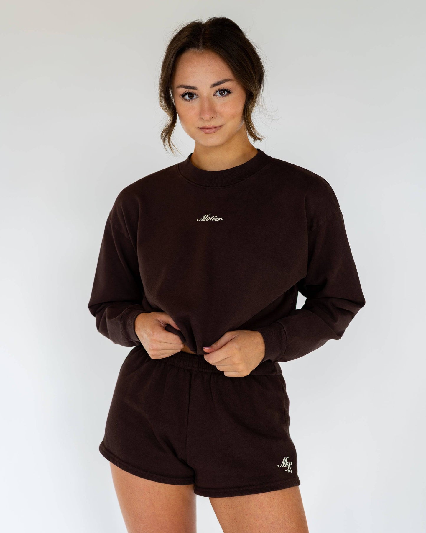 Motier Women Script Cropped Luxe Crewneck (Brown)