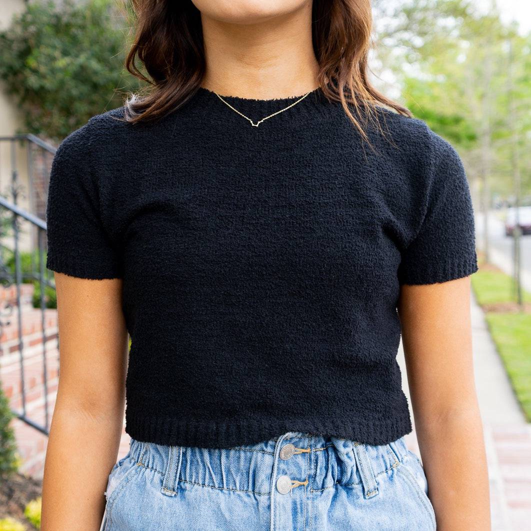 Knitted Cropped Sweater Top (Black)