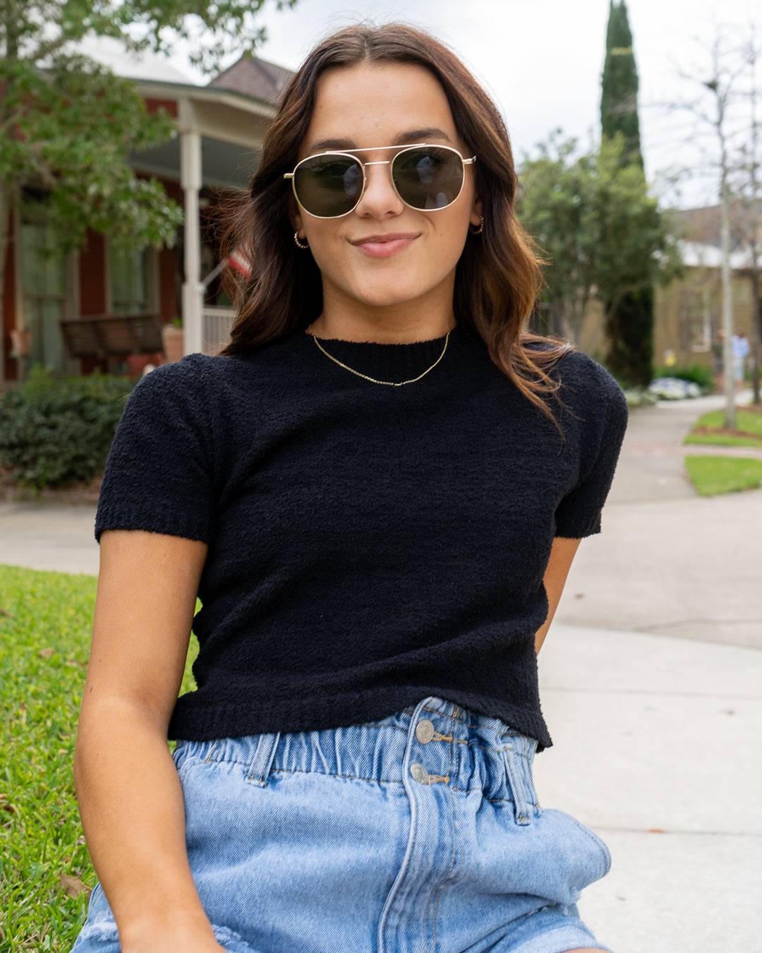 Knitted Cropped Sweater Top (Black)