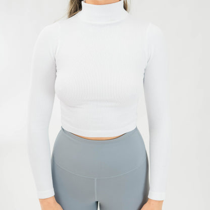 Women's Ribbed Mock-Neck L/S Top (White) - Motier Lafayette 