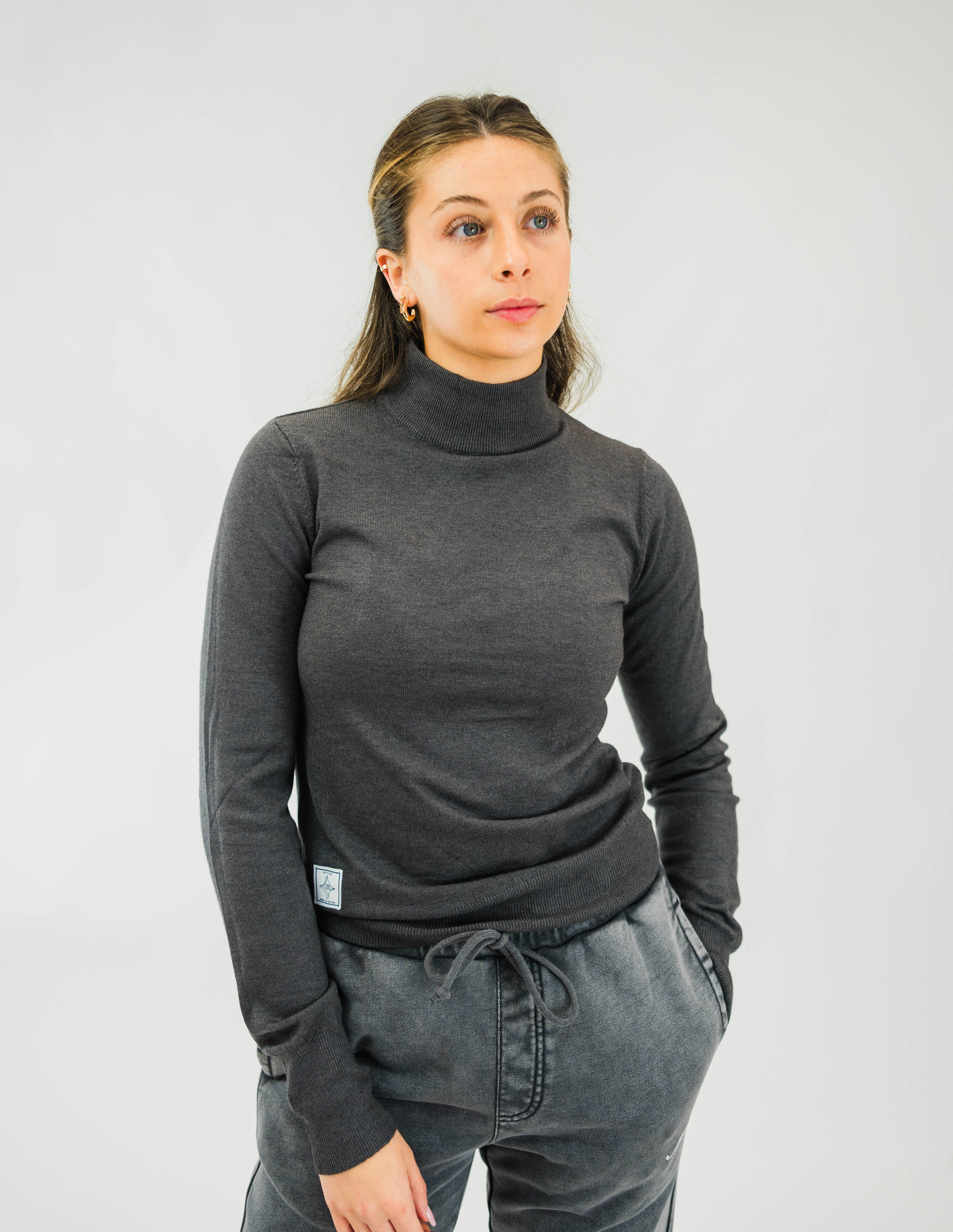 The Motier Women's L/S Mock Sweater (Charcoal) - Motier Lafayette 