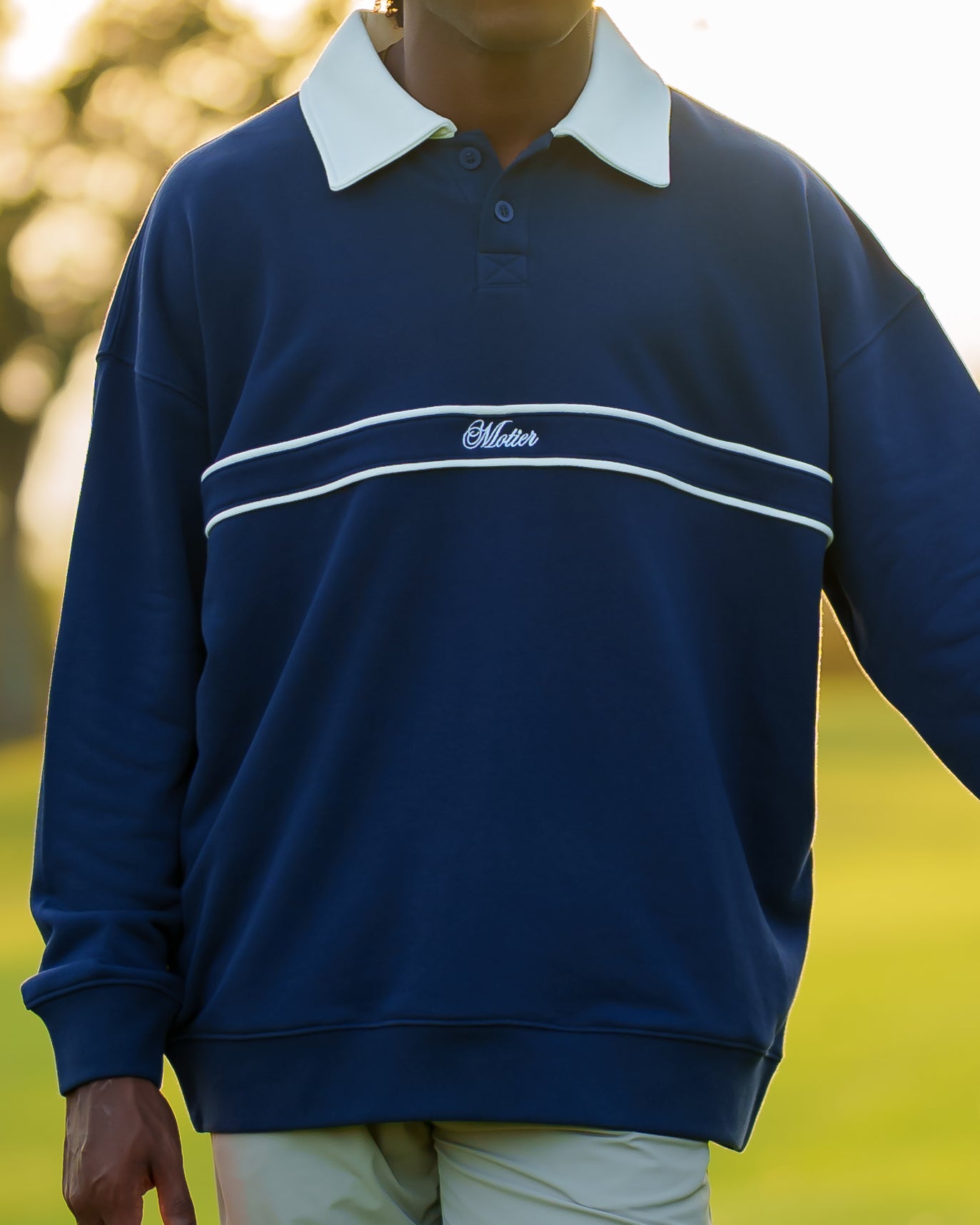 The Grand Script Knit Crewneck Polo (Navy) - Motier Lafayette 