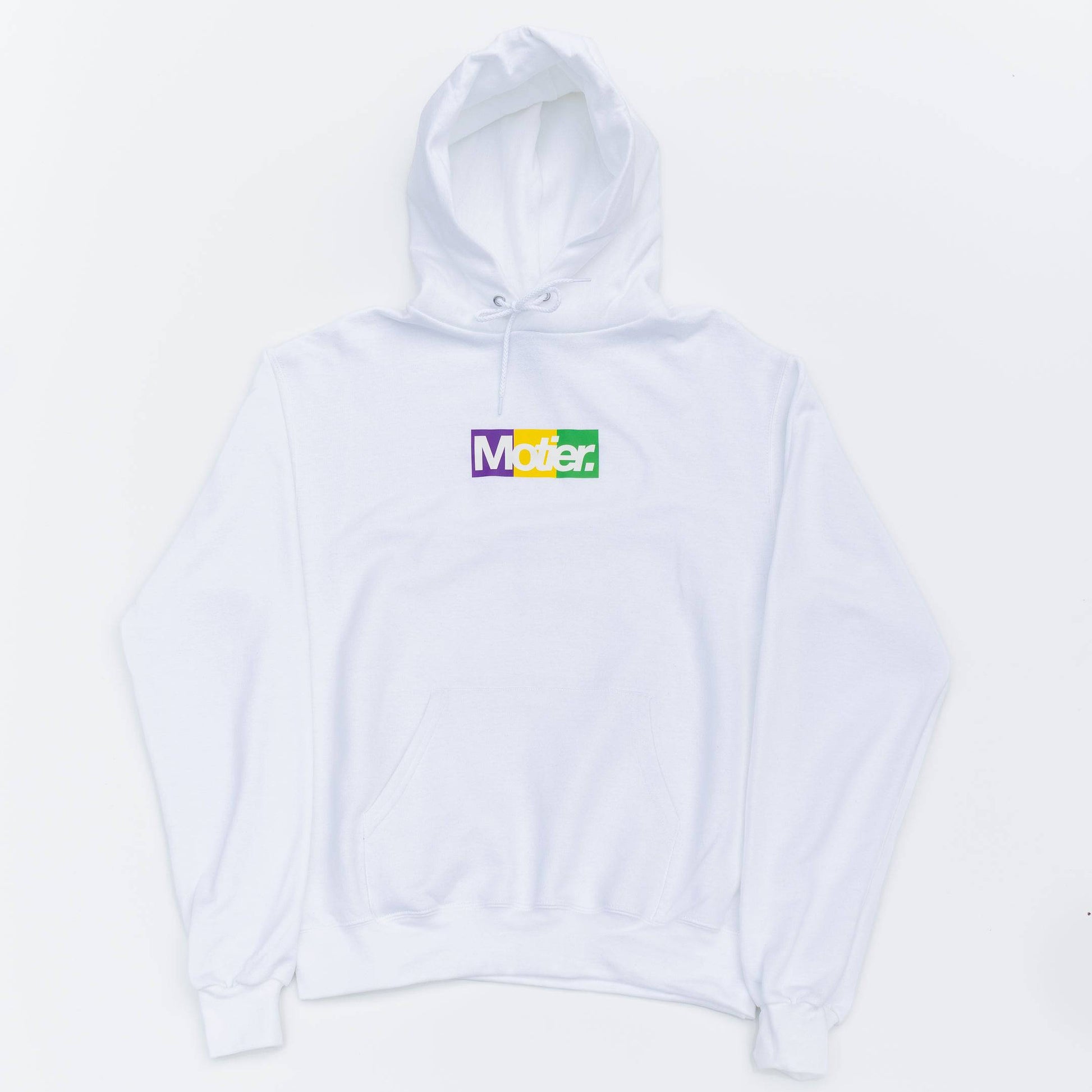 The Krewe De Motier Box Logo Hoodie (White) - Motier Lafayette 
