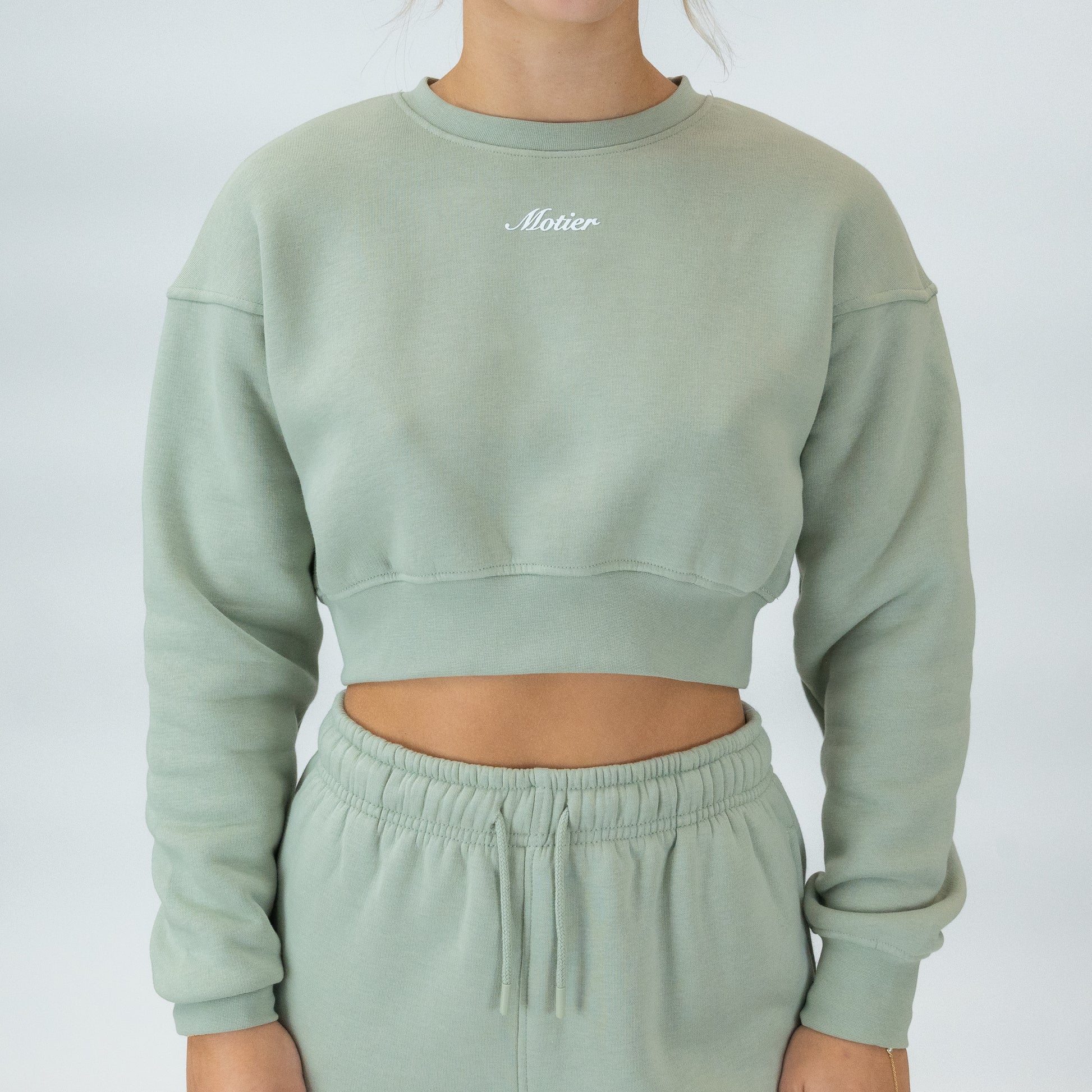 The Elevate Script Cropped Crewneck (Light Sage) - Motier Lafayette 