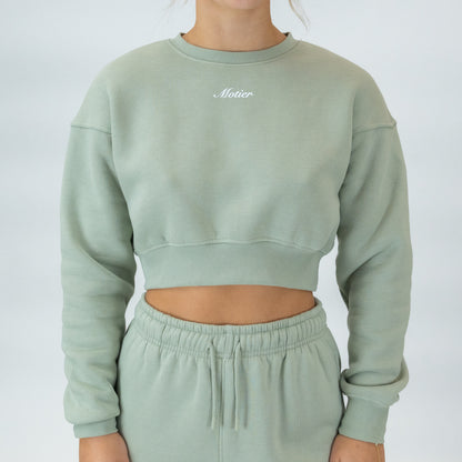 The Elevate Script Cropped Crewneck (Light Sage) - Motier Lafayette 