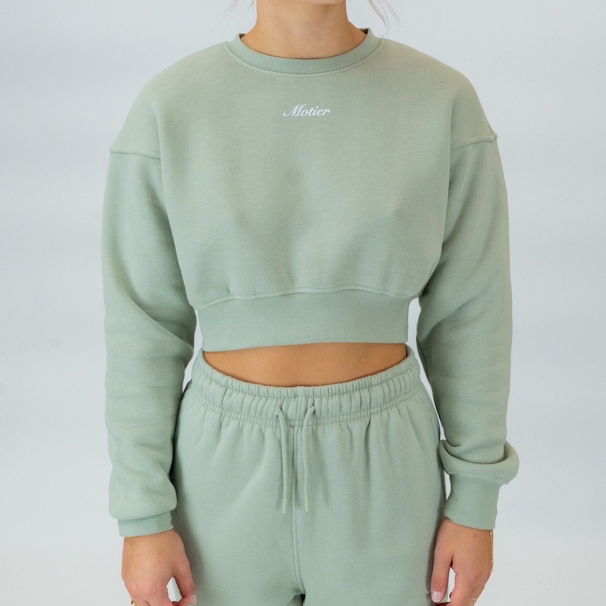 The Elevate Script Cropped Crewneck (Light Sage) - Motier Lafayette 