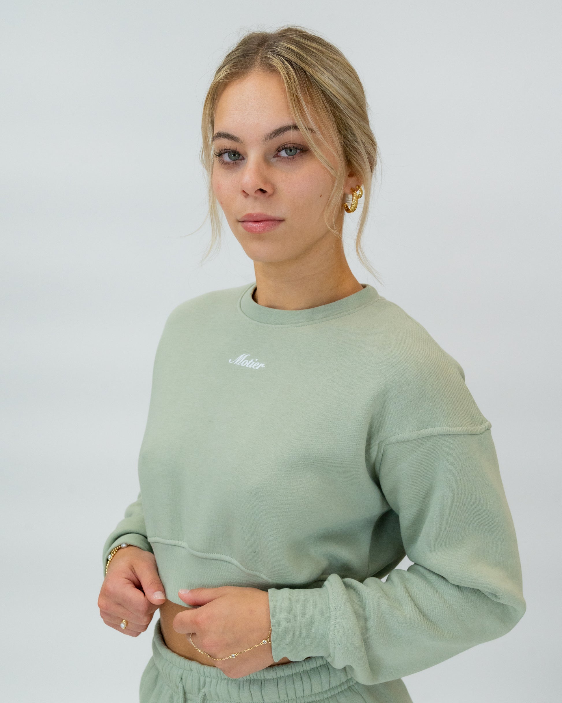 The Elevate Script Cropped Crewneck (Light Sage) - Motier Lafayette 