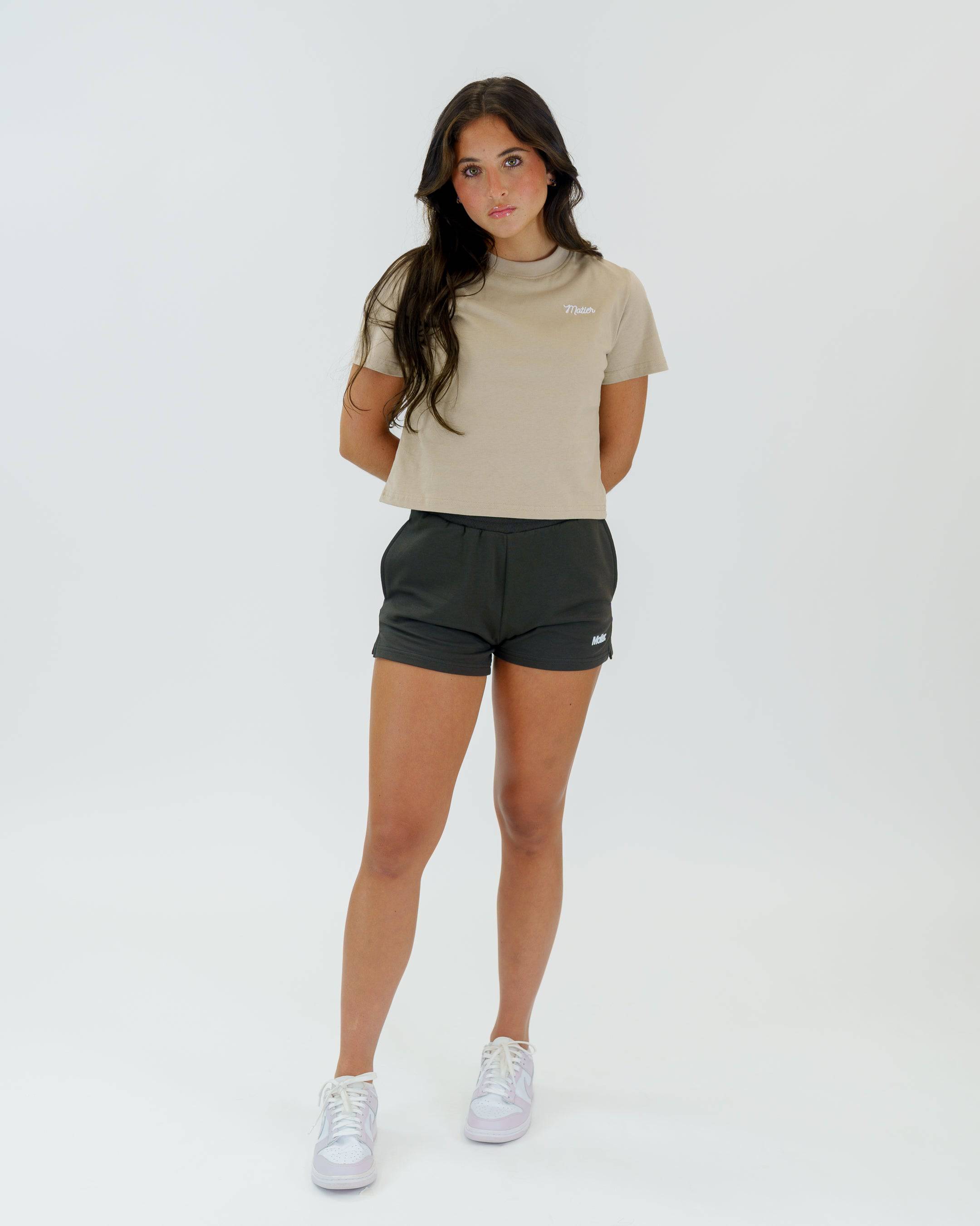The Evelyn Script Baby Tee (Sandstone) - Motier Lafayette 