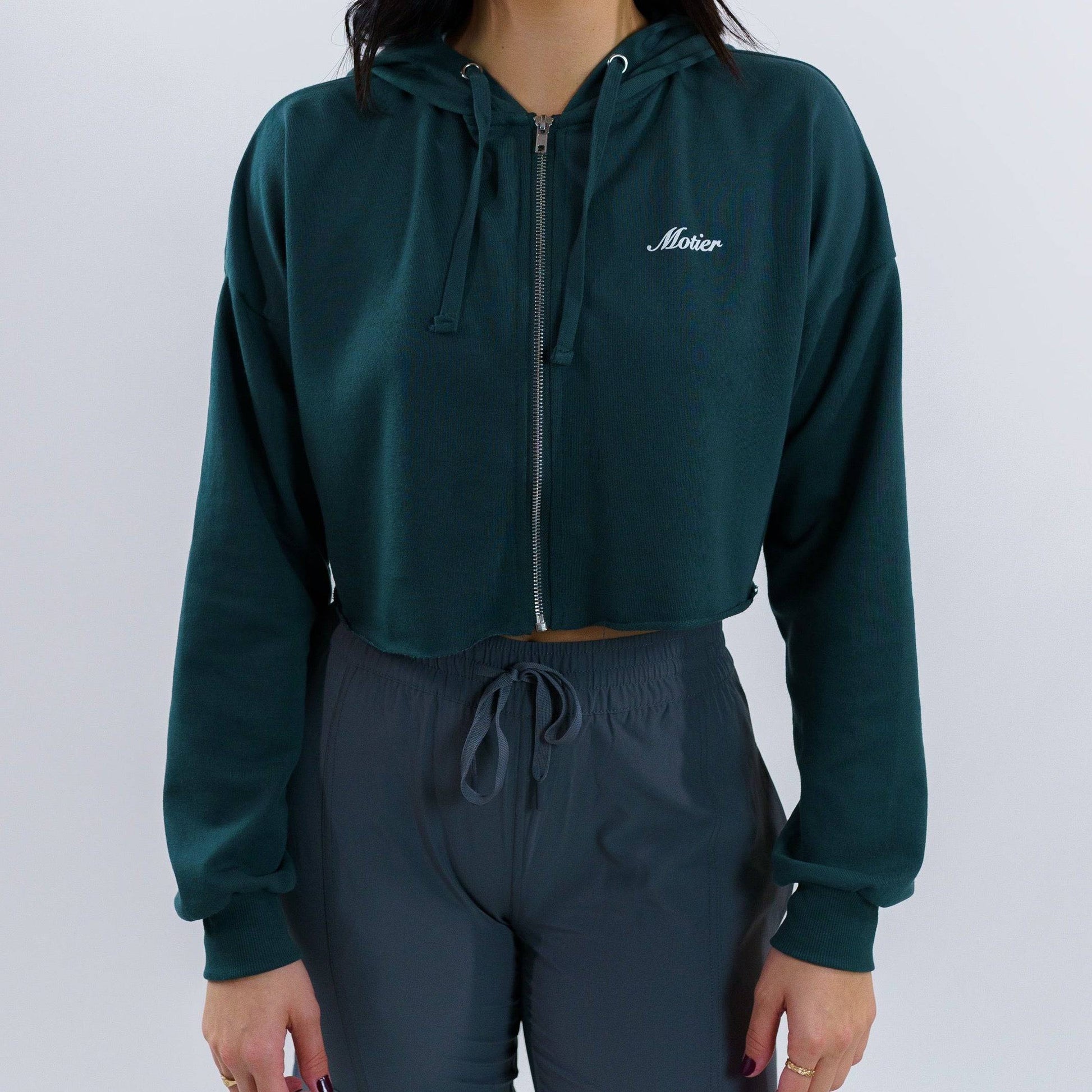 The Script Cropped Full-Zip Hoodie (Dark Green) - Motier Lafayette 