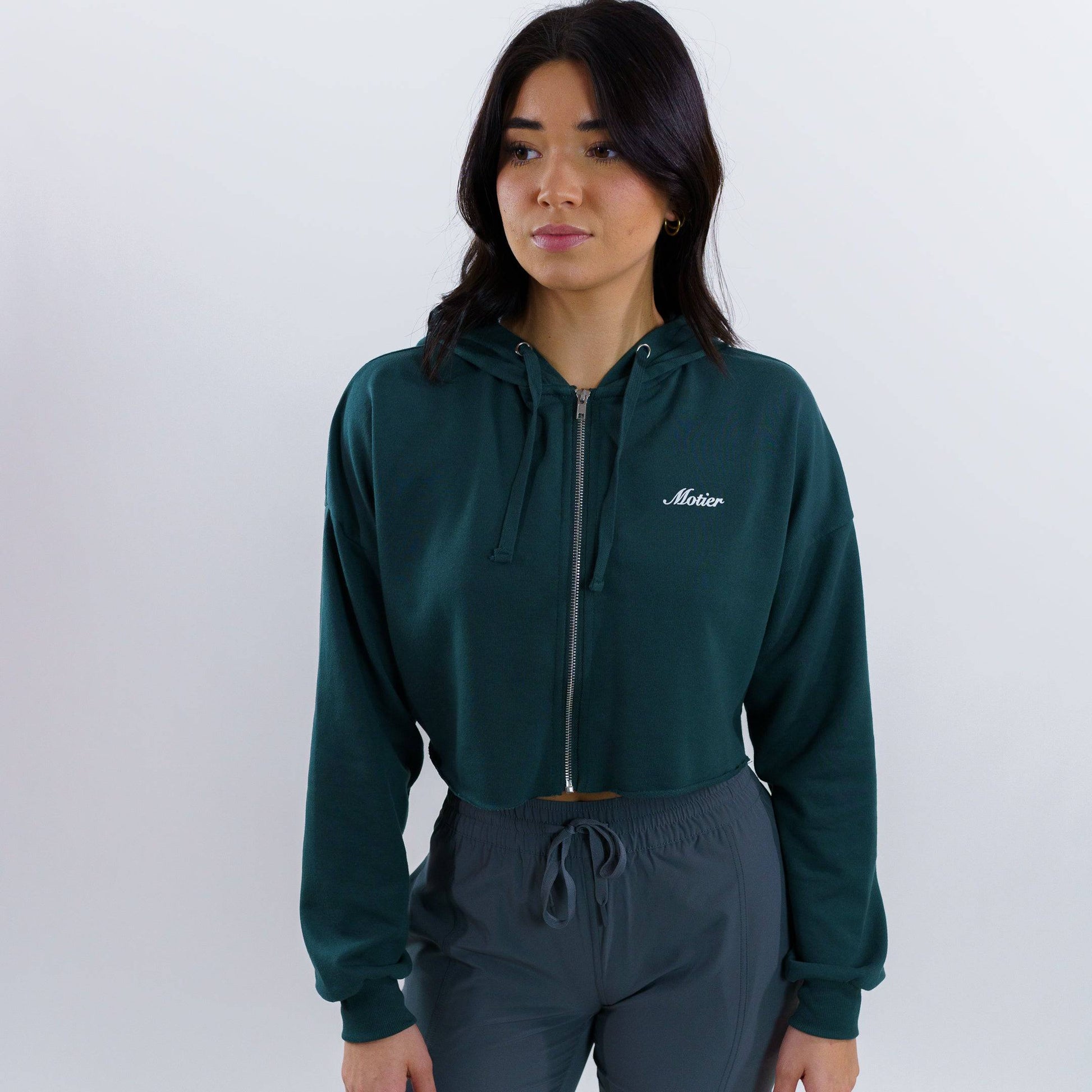 The Script Cropped Full-Zip Hoodie (Dark Green) - Motier Lafayette 