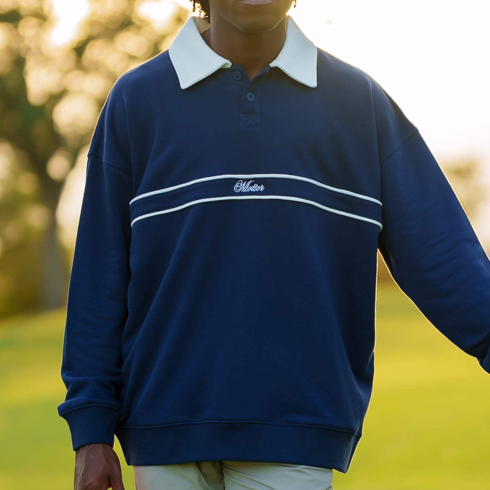 The Grand Script Knit Crewneck Polo (Navy) - Motier Lafayette 