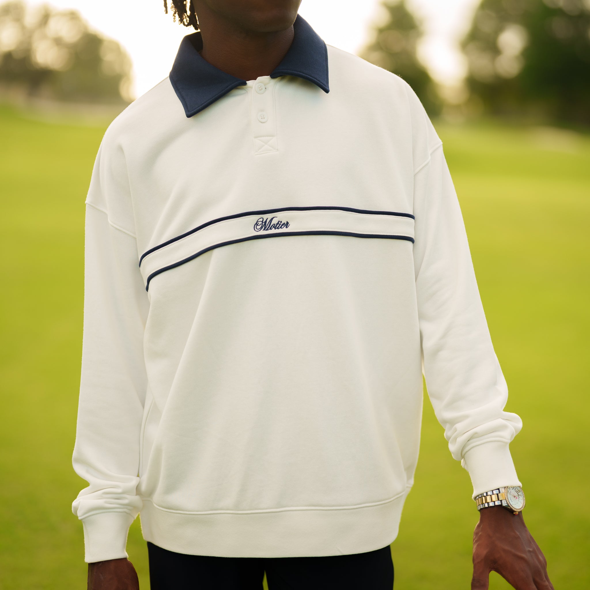 The Grand Script Knit Crewneck Polo (White Sand) - Motier Lafayette 