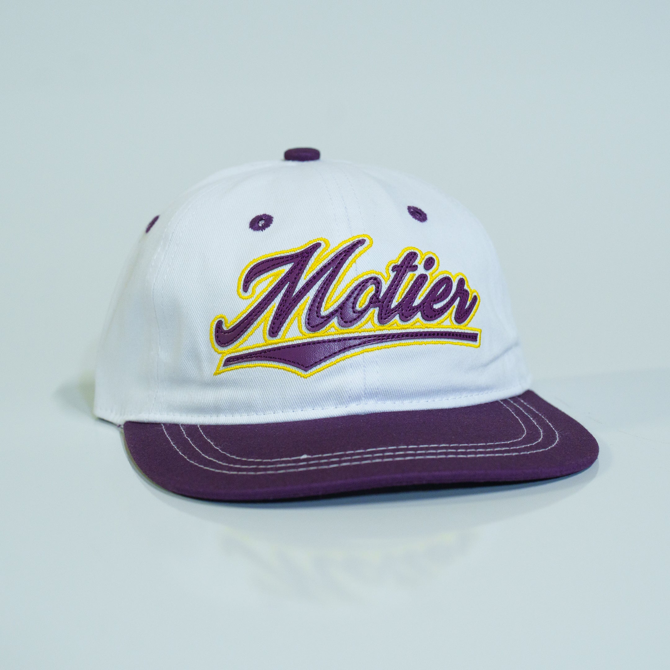 Two-Tone Leather Script Patch Hat (White/Purple)