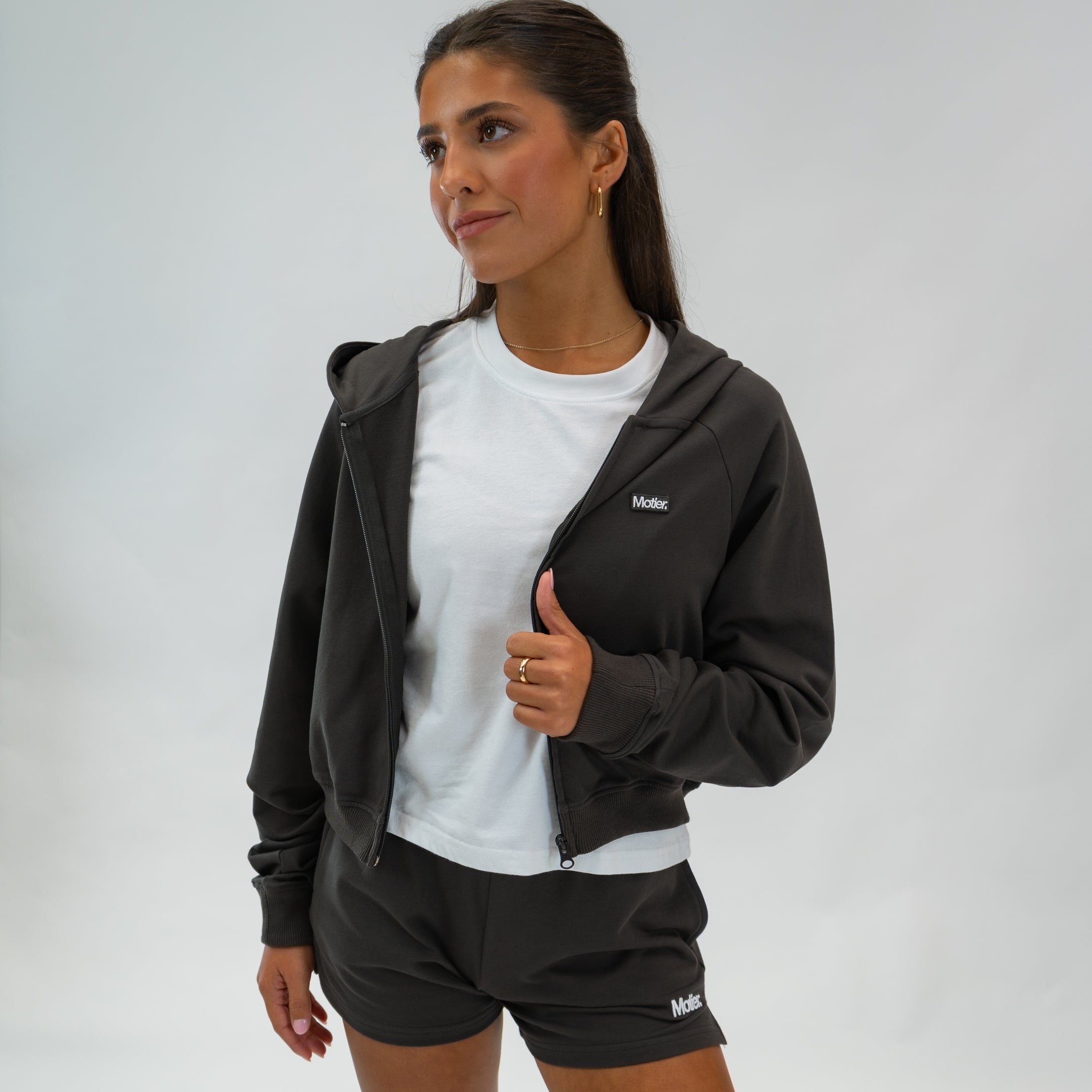 Motier Lafayette Refresh Full-Zip Hoodie in Brownstone, shown in asphalt color, featuring a casual fit and front zipper.