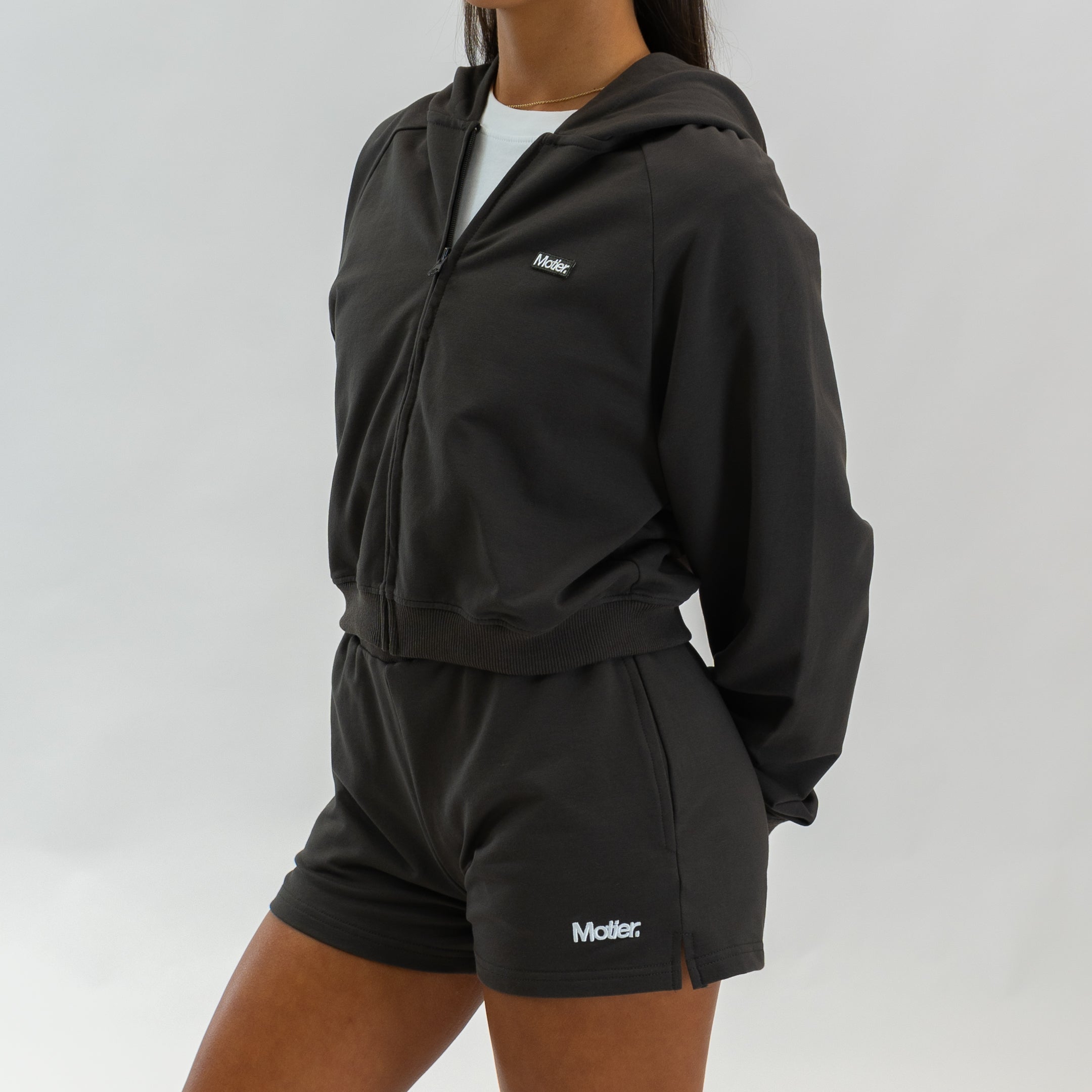 Motier Lafayette The Refresh Full-Zip Hoodie in Brownstone, front view showing zip closure and comfortable fit.