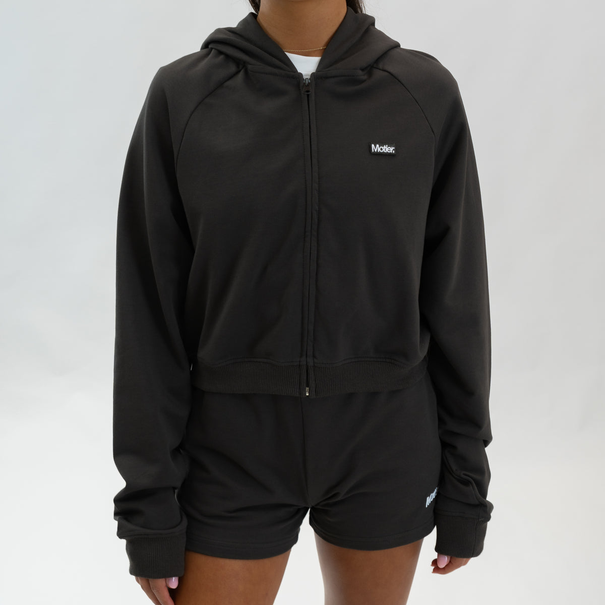Motier Lafayette The Refresh Full-Zip Hoodie in Brownstone, displayed in asphalt color, featuring a front zip and casual fit.