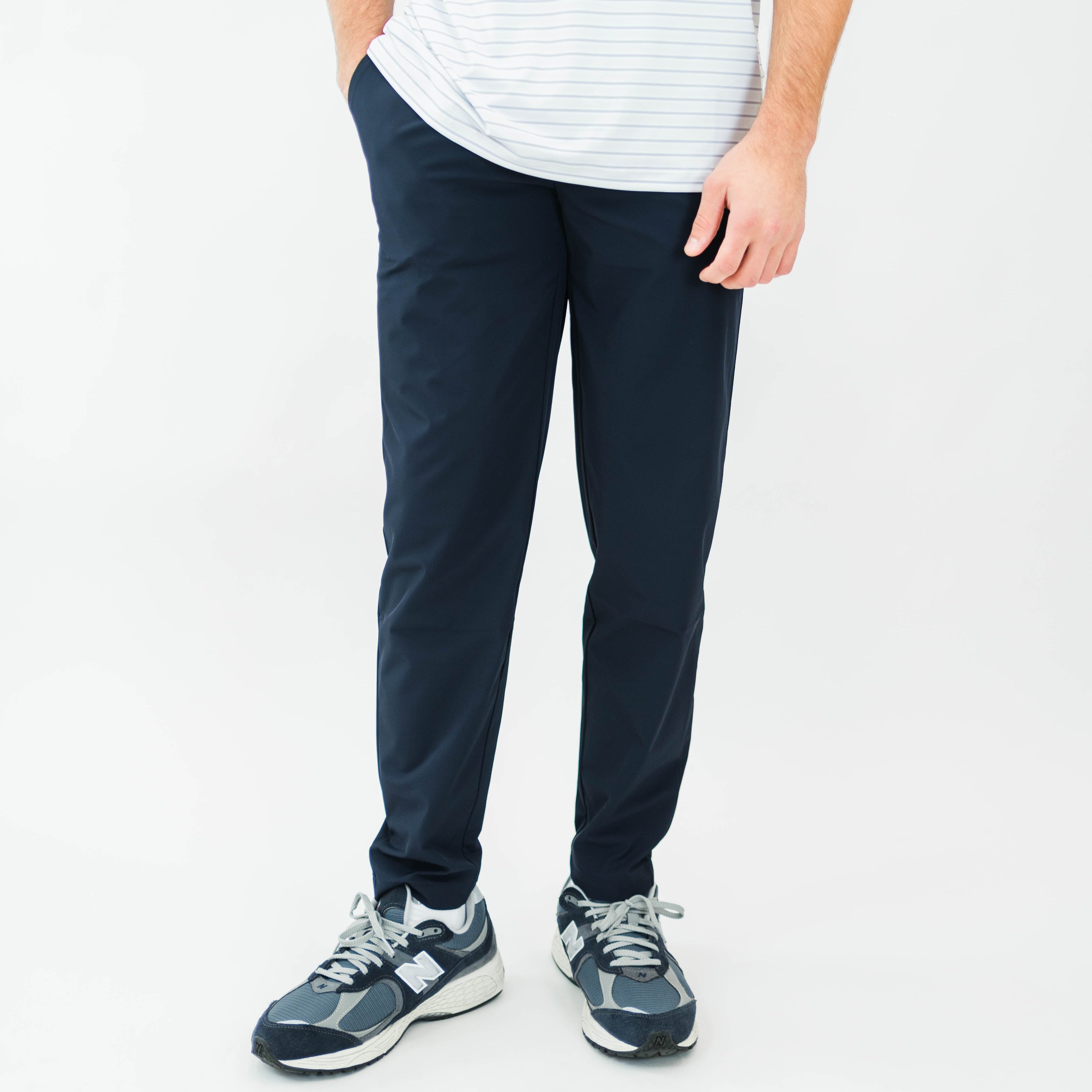 Motier Lafayette Rusty Marquis Navy pants with a relaxed fit and stylish design, shown on a hanger in the image.