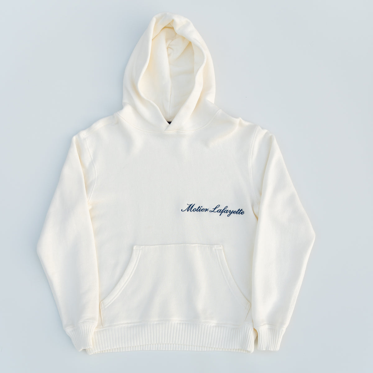 Motier Lafayette Ellington Vintage Luxe Hoodie in Blanc, showing a cozy white hoodie with stylish detailing and a relaxed fit.