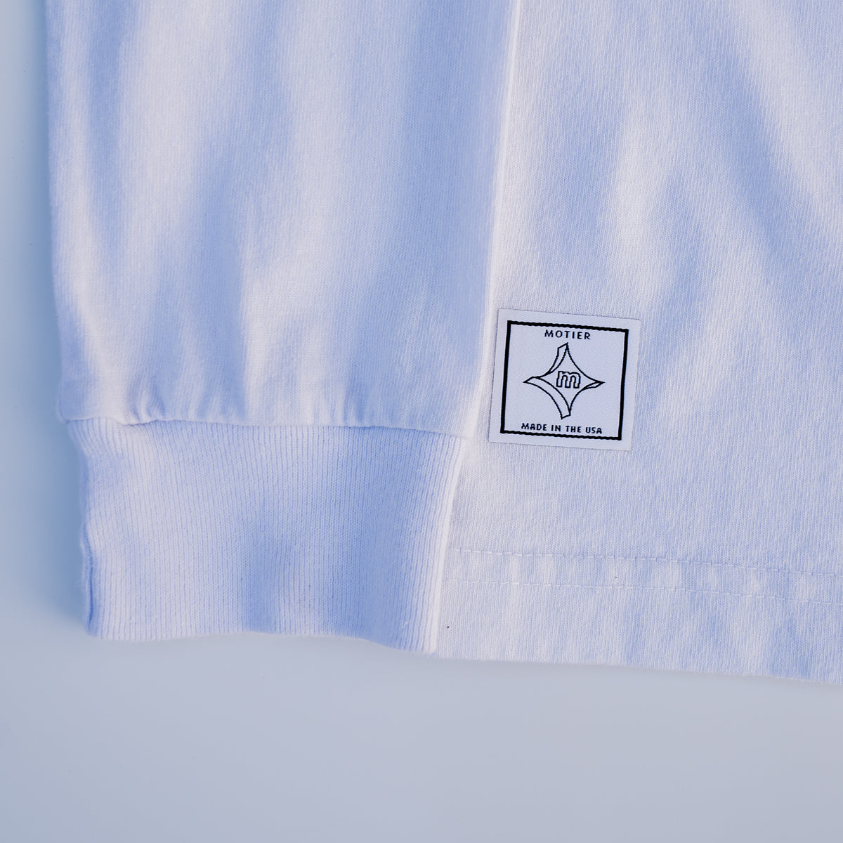Motier Lafayette The Framework Long Sleeve Premium Luxe Tee in Cloudrift, showing the soft fabric and relaxed fit.