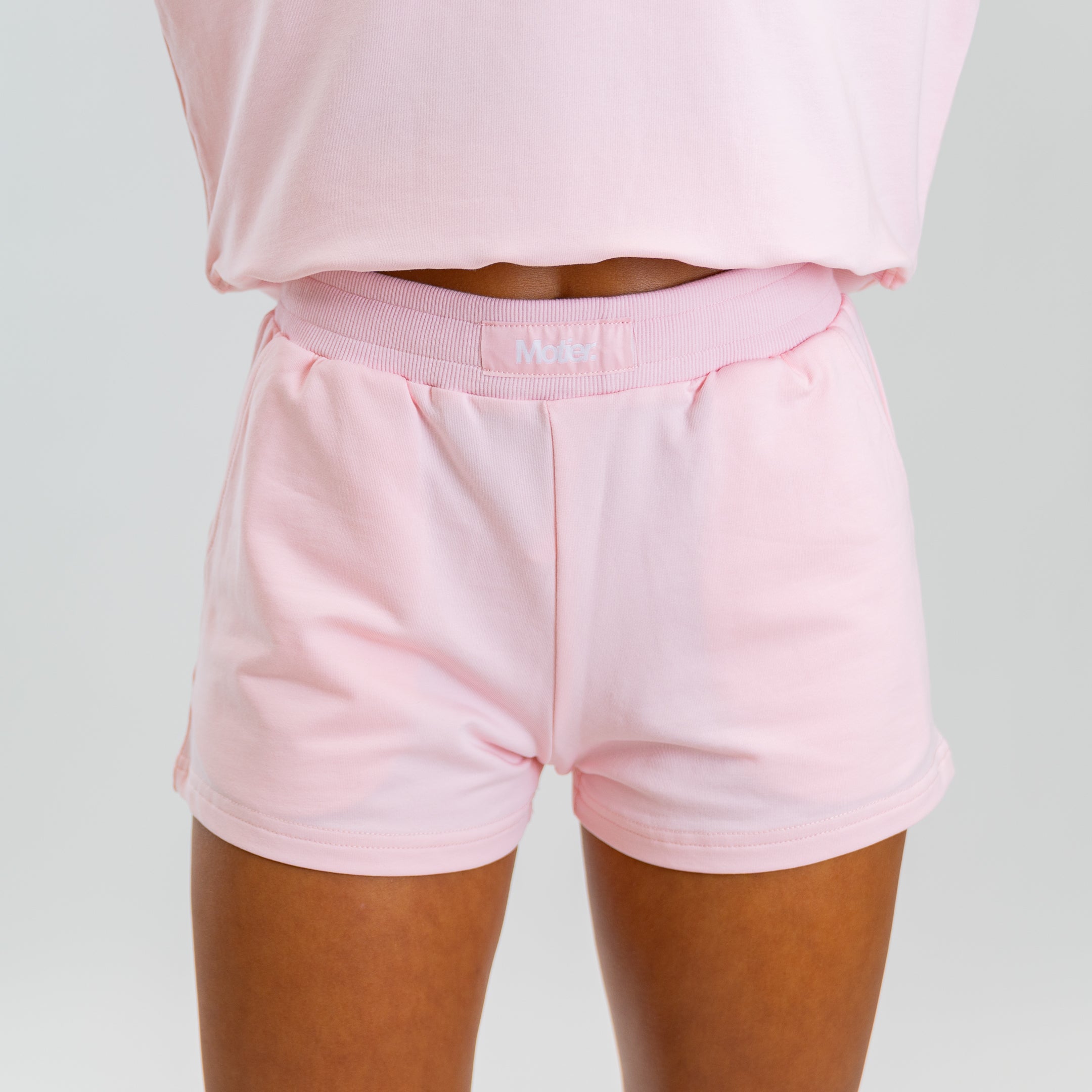 Motier Lafayette The Refresh Shorts in blush pink, showcasing a comfortable, stylish casual women’s shorts set.