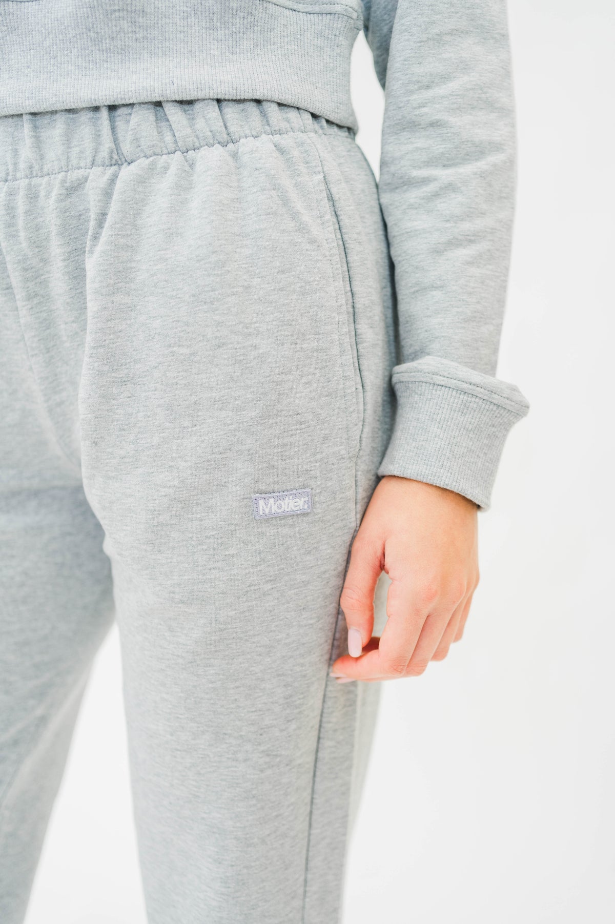 Motier Lafayette grey The Refresh Sweatpants, casual athletic pants with a relaxed fit and elastic waistband, shown in size XS.
