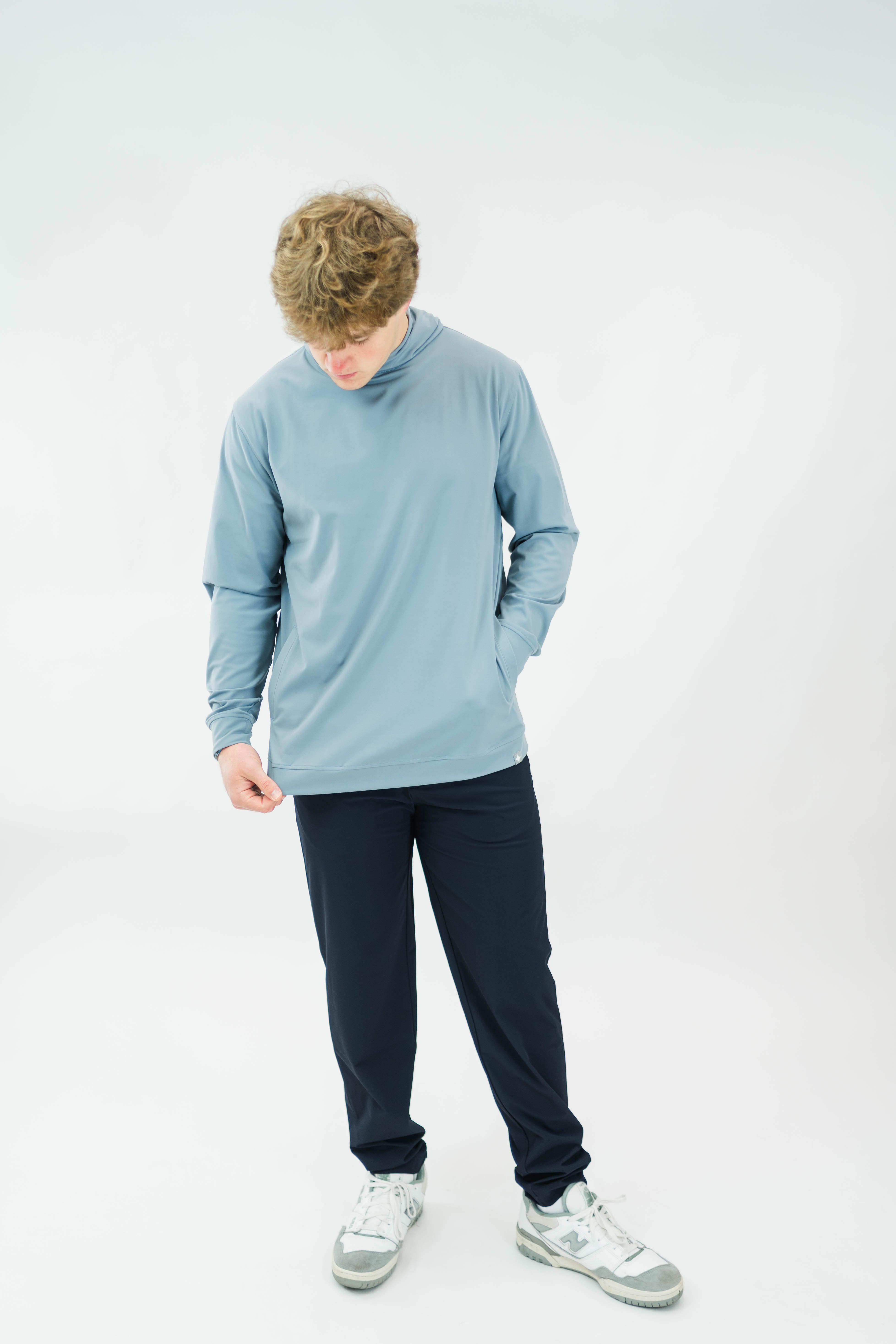 Motier Lafayette Riviera Lightweight Performance Hoodie II in slate blue, showcasing its breathable fabric and casual fit.