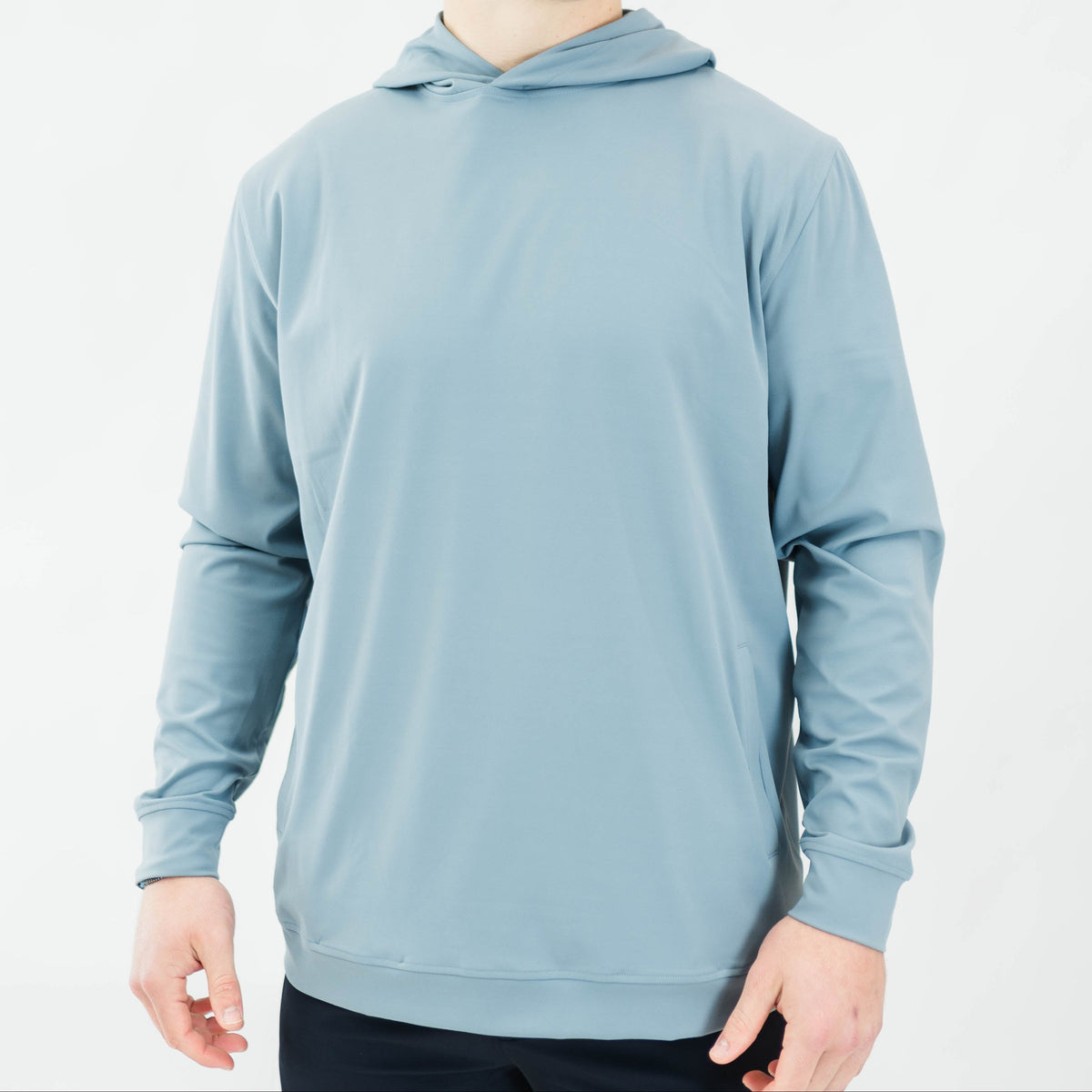 Motier Lafayette Riviera Lightweight Performance Hoodie II in slate blue, showing a casual fit with a hood and front pocket.