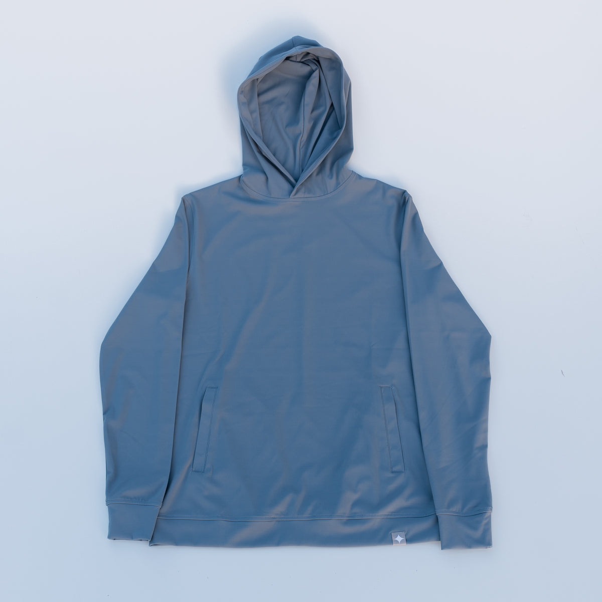 Motier Lafayette Riviera Lightweight Performance Hoodie II in slate blue, showing the comfortable, stylish hoodie with a front pocket.