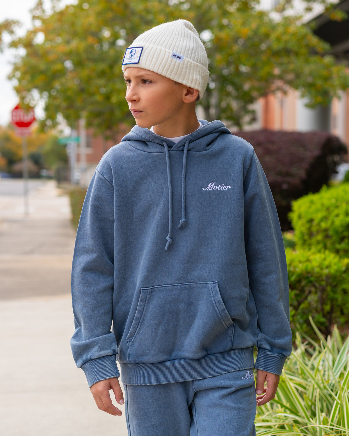 Motier Lafayette Youth Vital Signature Sweatpants in Infinity color, soft fabric, relaxed fit, with elastic waistband and cuffs.
