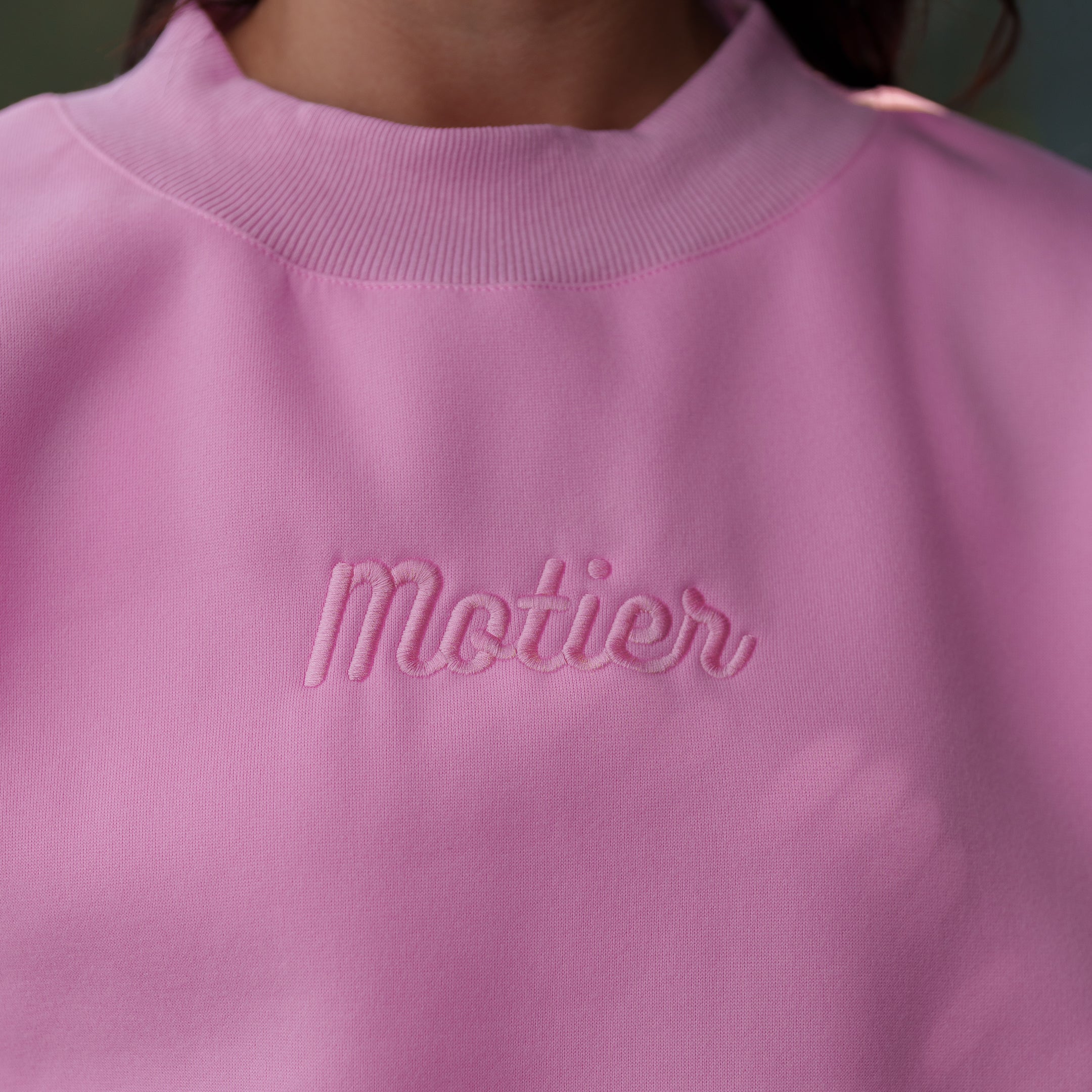 Pink motierlafayette Pin Script Mock Neck sweater displayed on a hanger with a close-up view of the fabric and design.