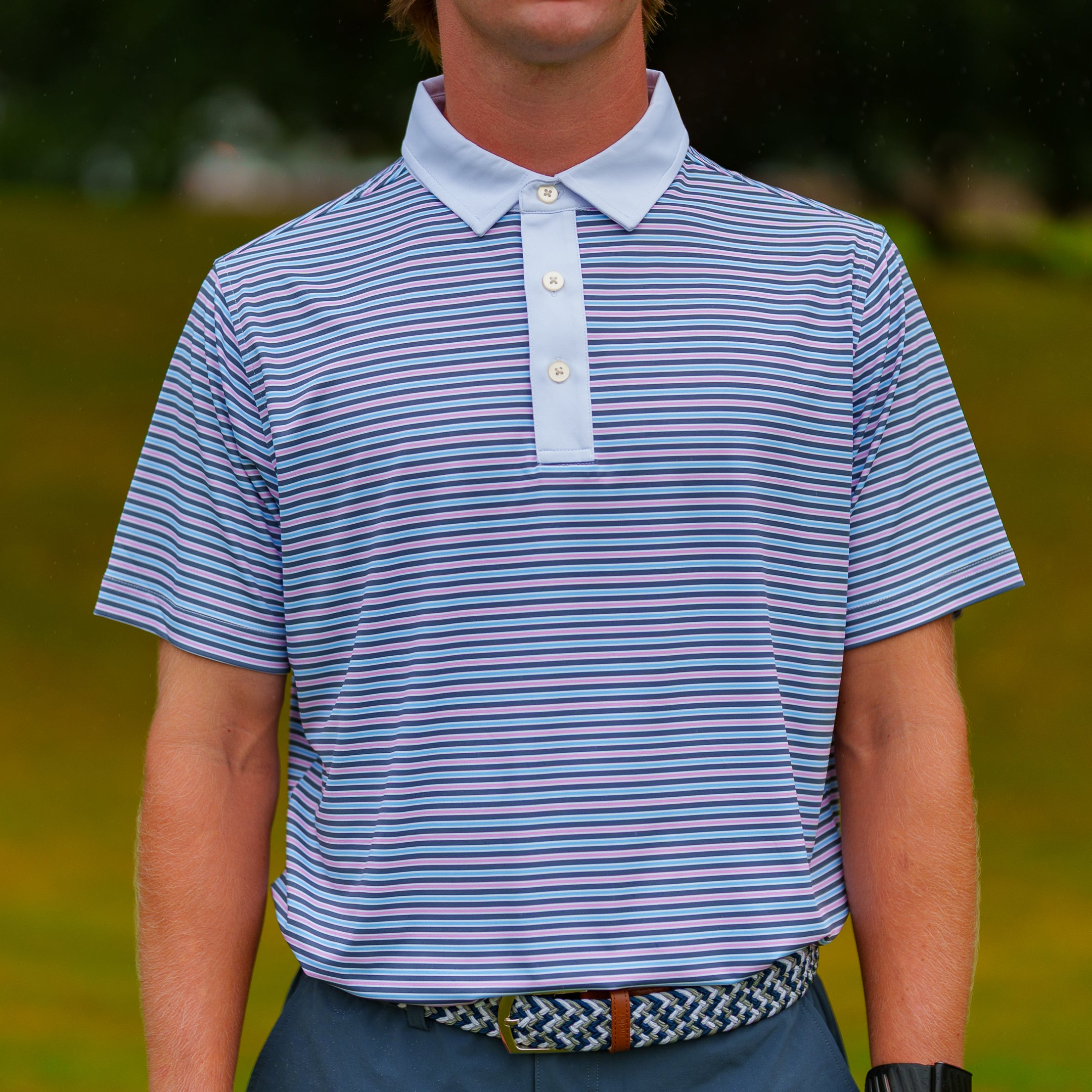 The Motier Tour Fine Stripe Polo (Baha Mist)