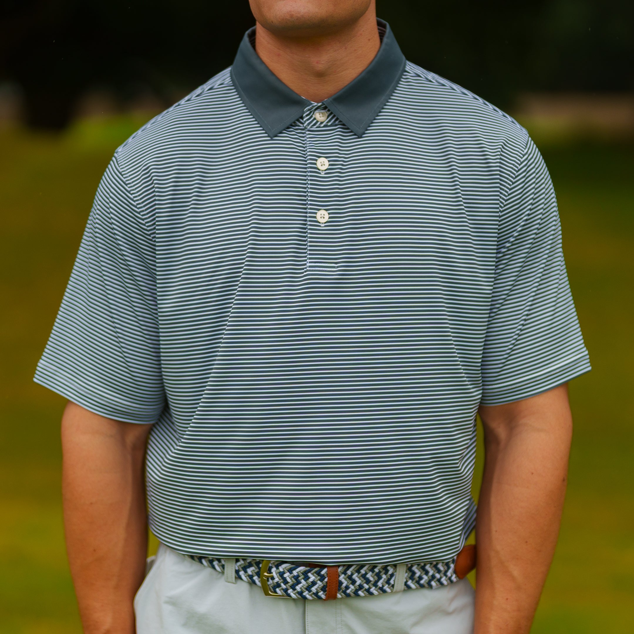 The Motier Tour Fine Stripe Polo (Pinewood)