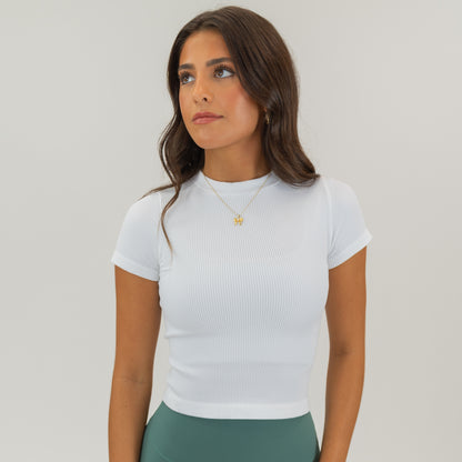 Women's Ribbed High Neck Top (White) - Motier Lafayette 