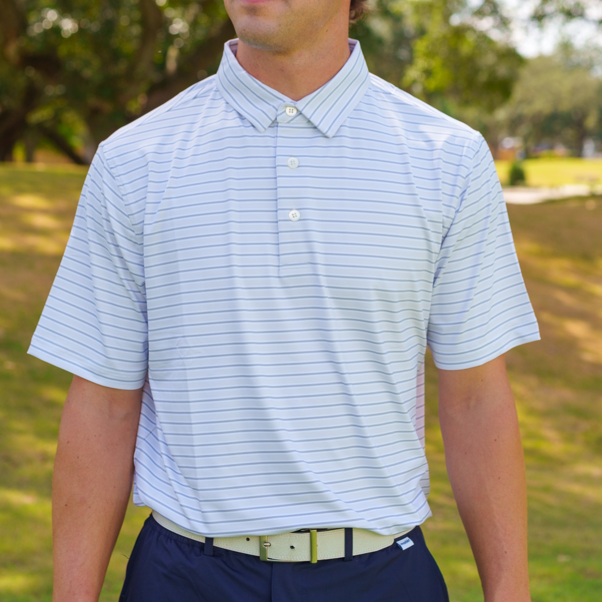 The Motier Striped Tour Golf Polo (Grey) - Motier Lafayette 