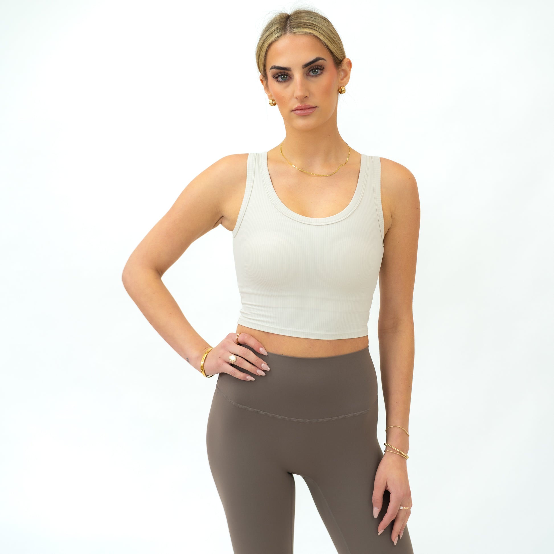 Ribbed Square Neck Active Tank (White Sand) - Motier Lafayette 