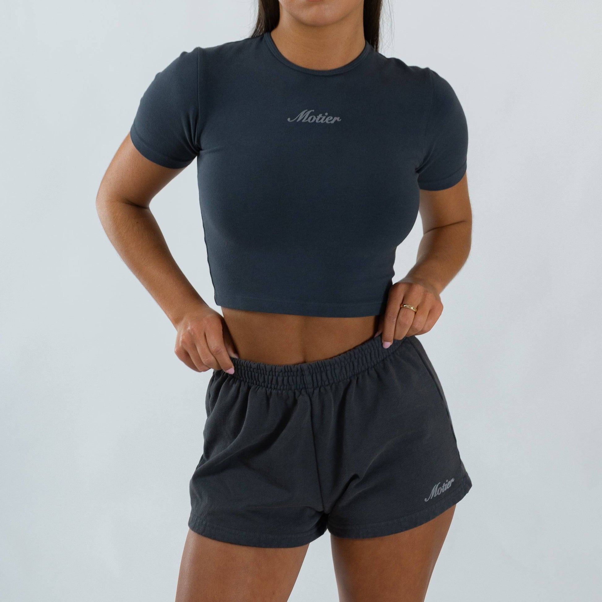 The Script Luxe Sweatshorts (Asphalt) - Motier Lafayette 