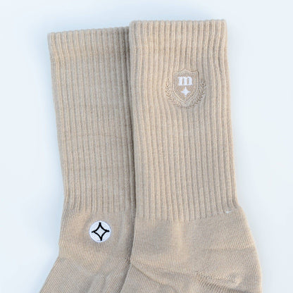 Elegant Crest Tonal Crew Socks (Beige) - Motier Lafayette 