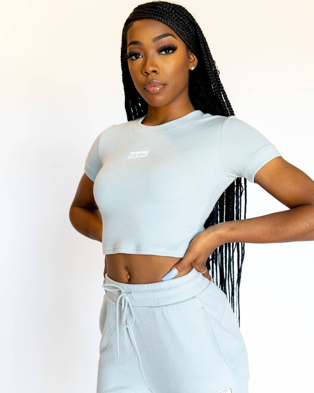 Motier Women Box Logo Waffle Knit Crop (Mist) - Motier Lafayette 