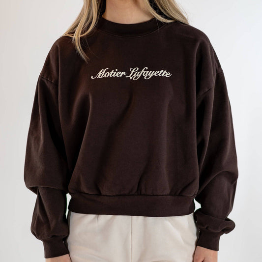 Motier Women Full Script Cropped Luxe Crewneck (Brown)
