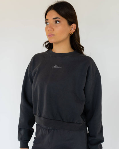 Motier Women Script Cropped Luxe Crewneck (Asphalt)