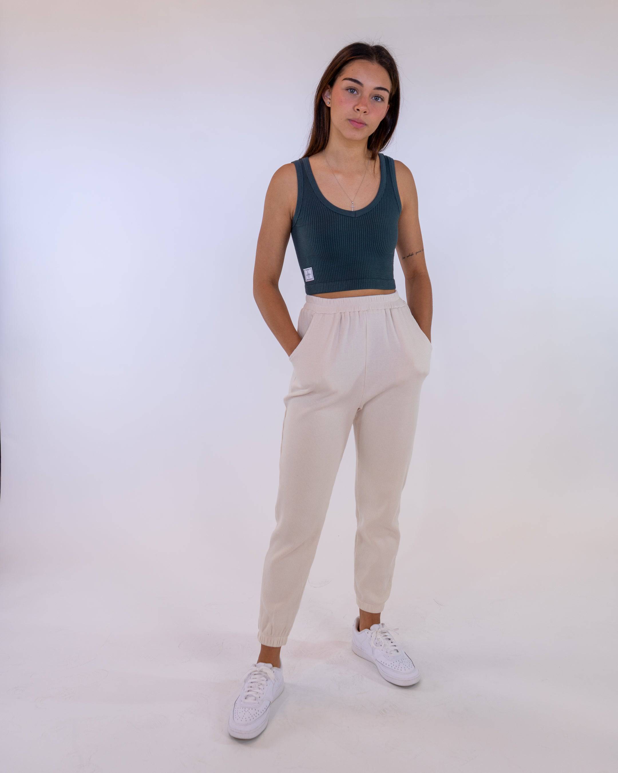 Ribbed V-Neck Seamless Tank (Sea Moss) - Motier Lafayette 