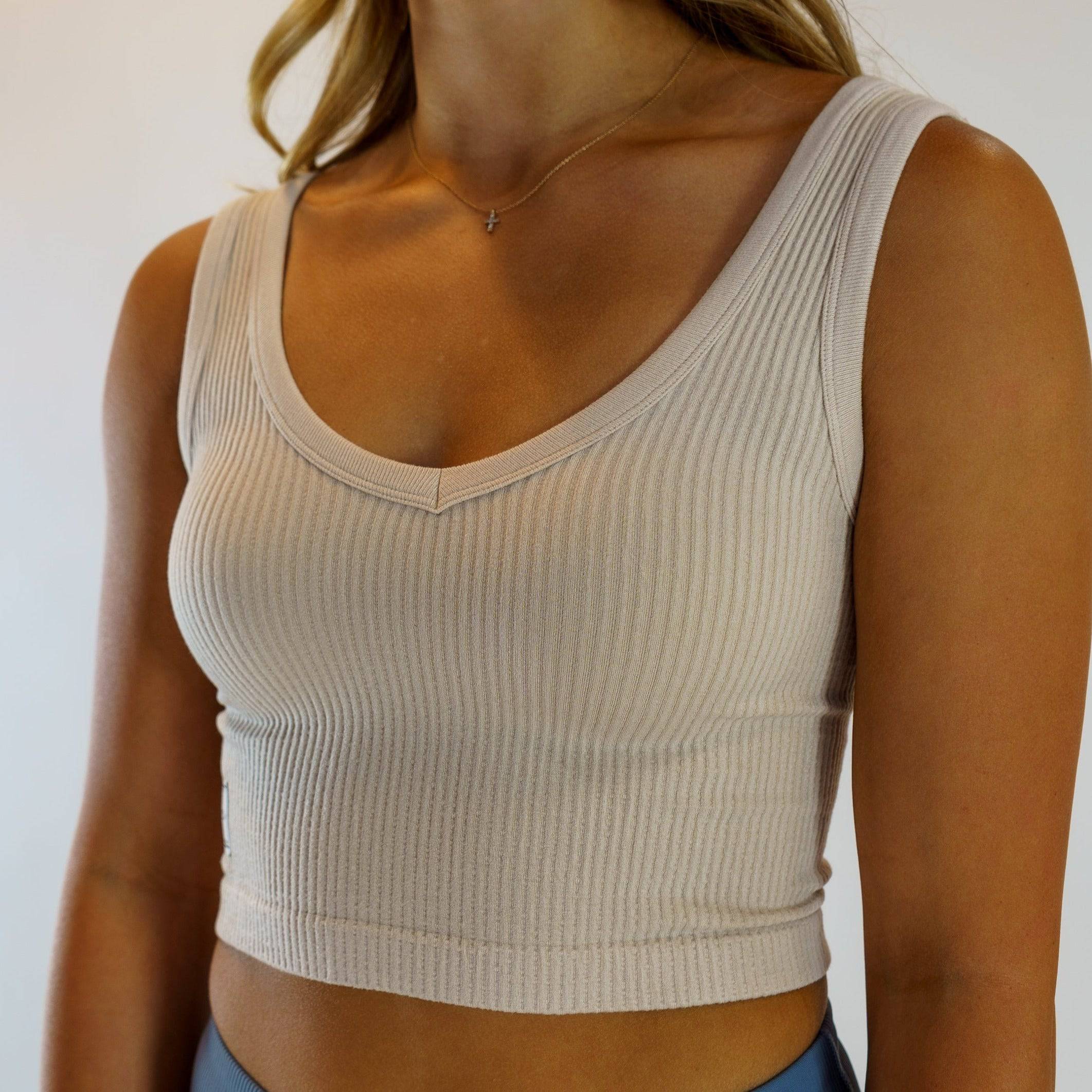 Ribbed V-Neck Seamless Tank (Stone) - Motier Lafayette 