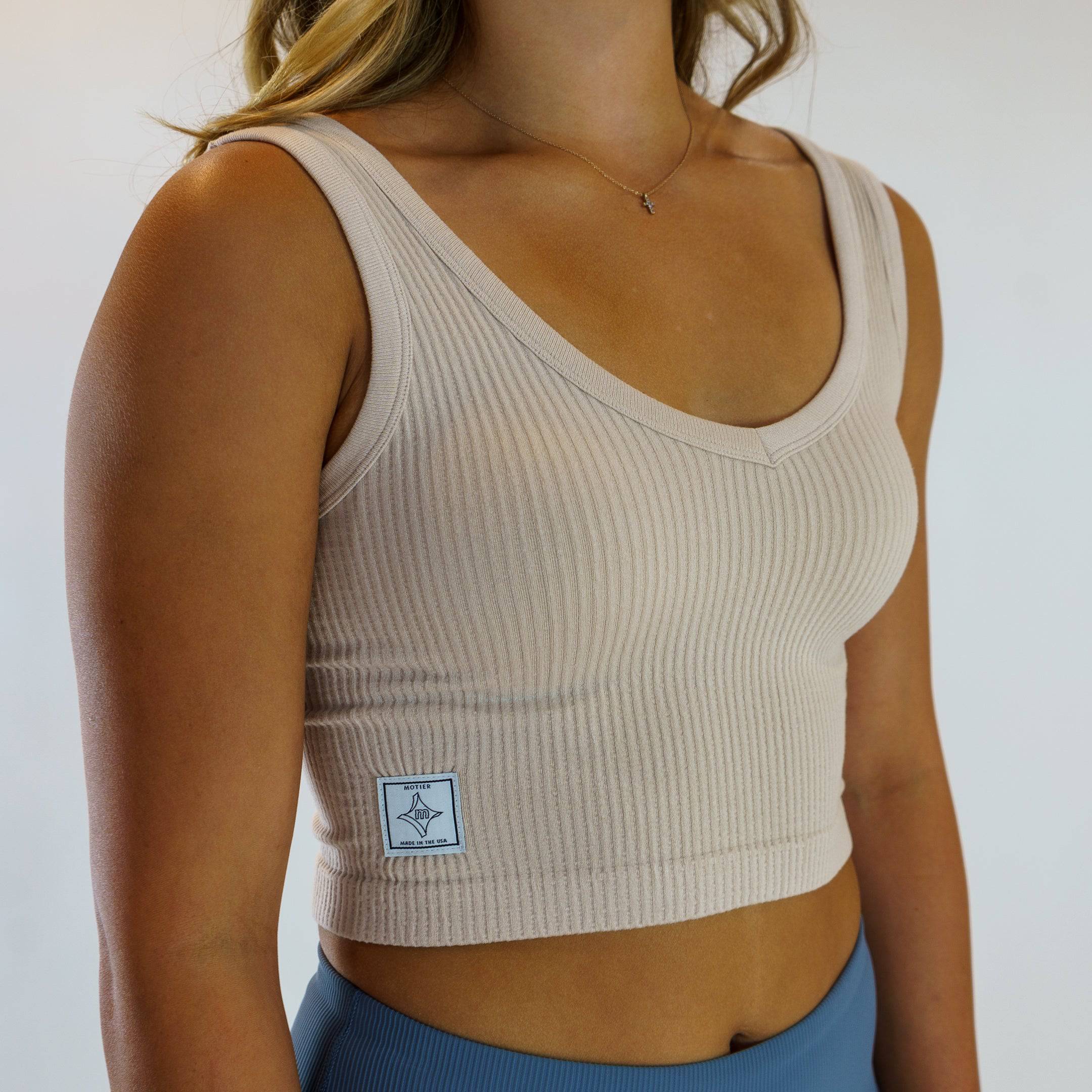 Ribbed V-Neck Seamless Tank (Stone) - Motier Lafayette 