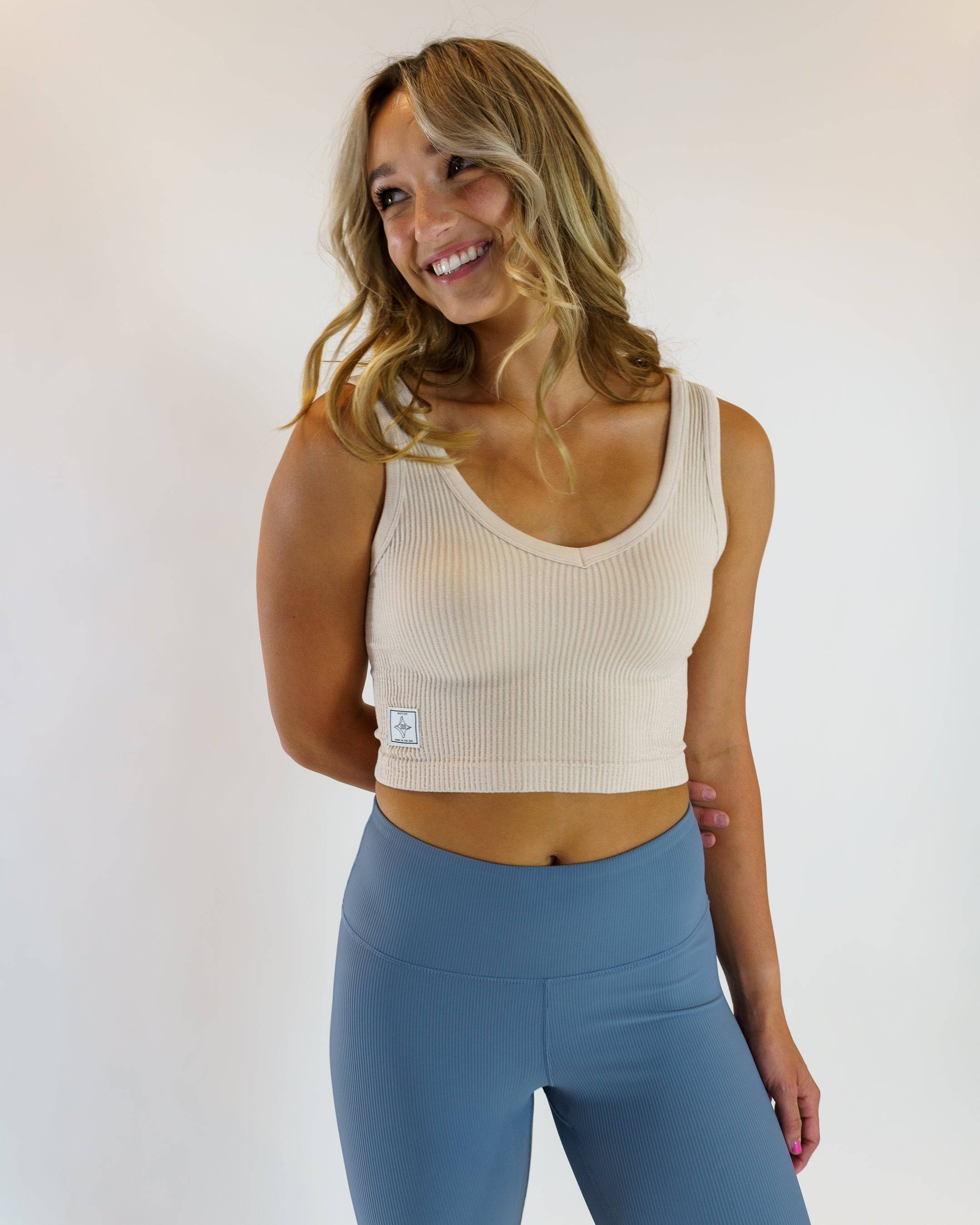 Ribbed V-Neck Seamless Tank (Stone) - Motier Lafayette 